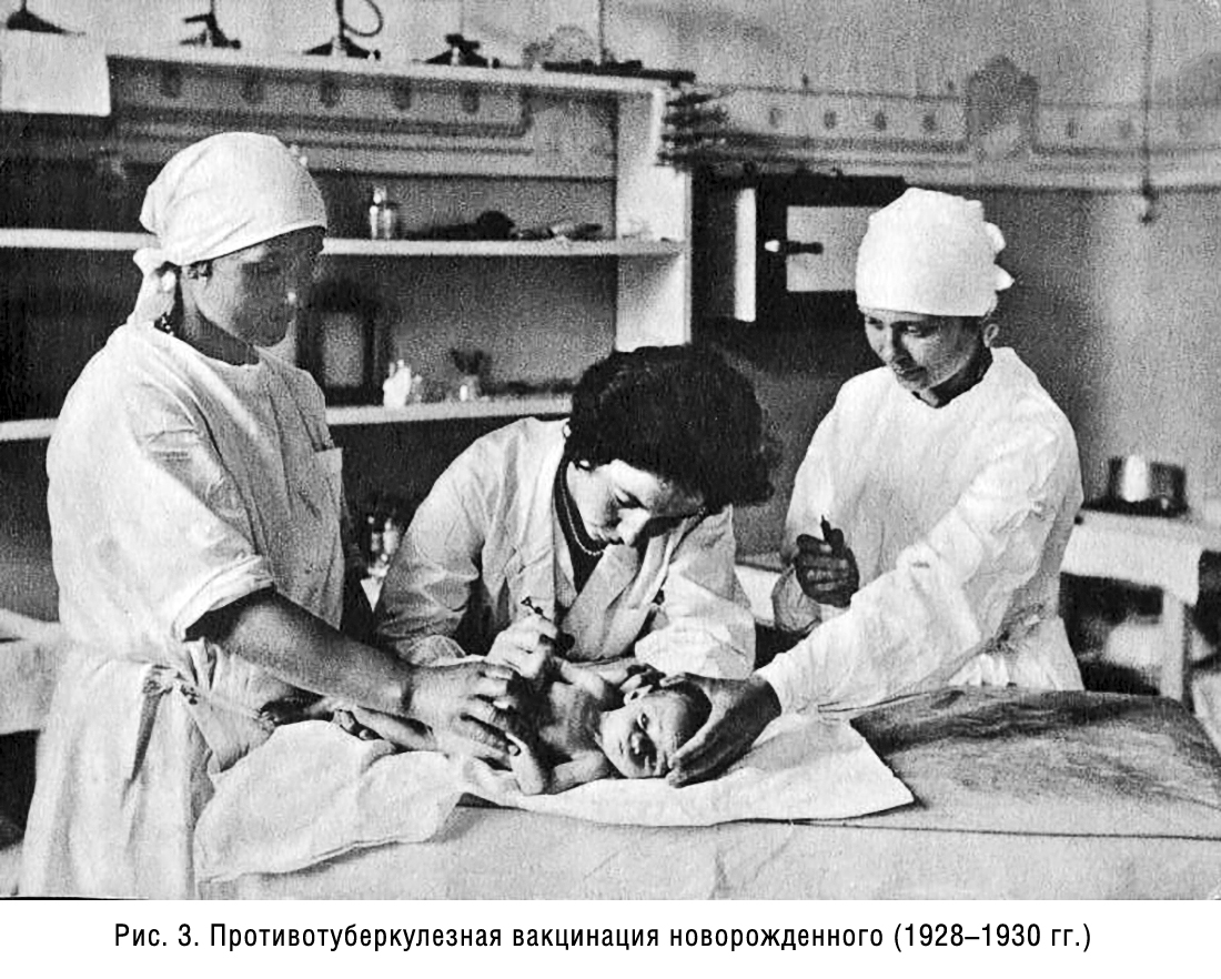 В этот период в стране впервые началась апробация противотуберкулезной вакцинации новорожденных и грудных детей по способу Кальметта. Уже в 1928 году врачи клиники детского туберкулеза стали инициаторами проведения прививок БЦЖ детям Ленинграда (рис.3).